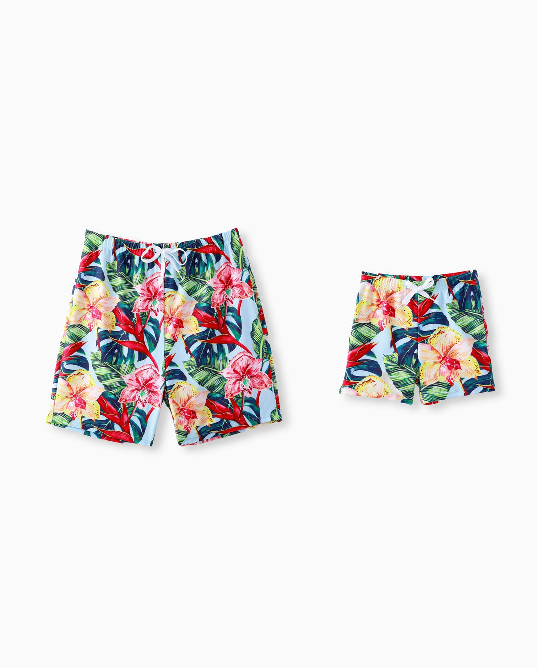 Papa und Ich Familien-Matching geblümte Kordelzug-Badeshorts oder geraffter Muschelrand-Bikini mit optionalem Bade-Cover-Up Rot