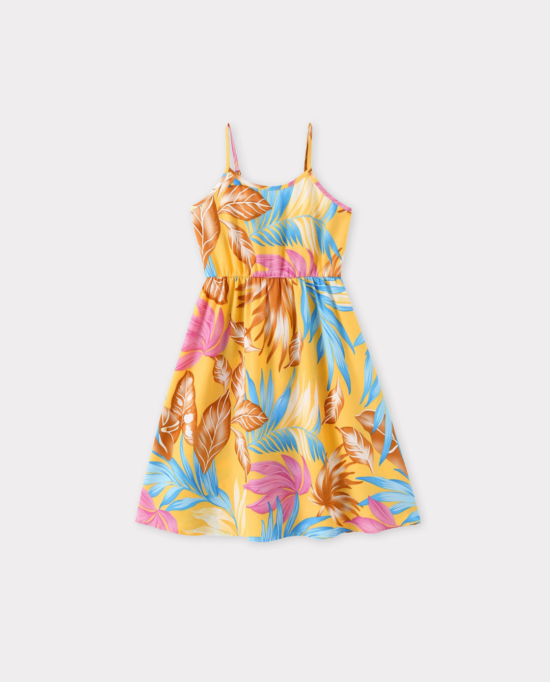 Toddler/Kid Girl Yellow Set Tropical Leaf Print Strap Dress  Yellow
