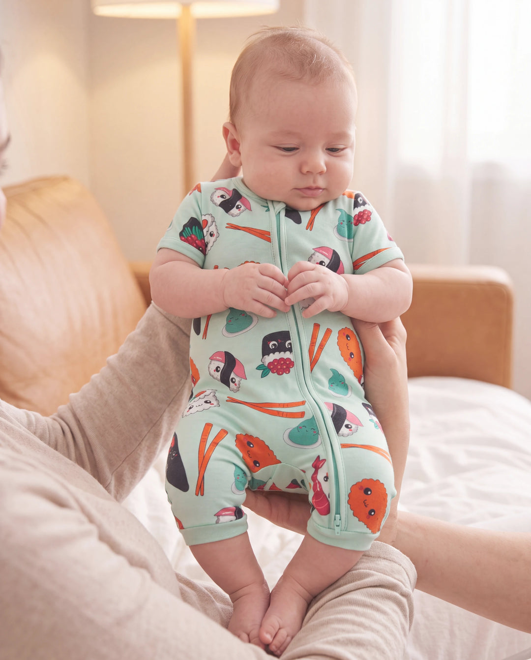 Bambus Baby Jungen/Mädchen 2-Wege-Reißverschluss Strampler mit Anti-Rutsch und kindlichem Lebensmittelmuster, Bambus-Schlafanzug (eng anliegend), Grün