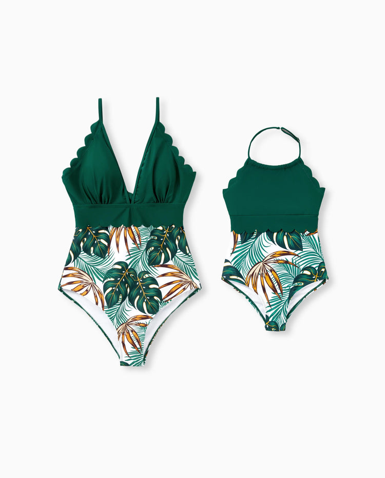 Maillot de Bain Une Pièce Maman & Moi à Imprimé Plantes sur Toute la Surface, Col V et Bretelles Spaghetti Vert Foncé