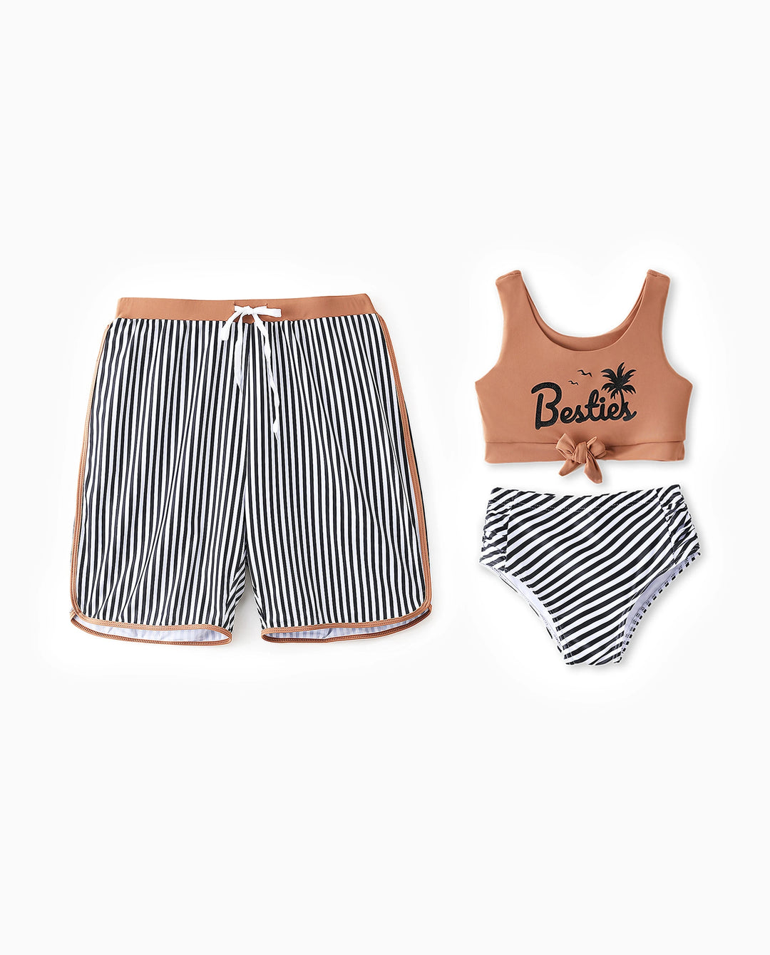 Daddy & Tochter Badehose mit vertikalen Streifen und Tunnelzug oder Besties bedruckter Crop-Top-Bikini Khaki