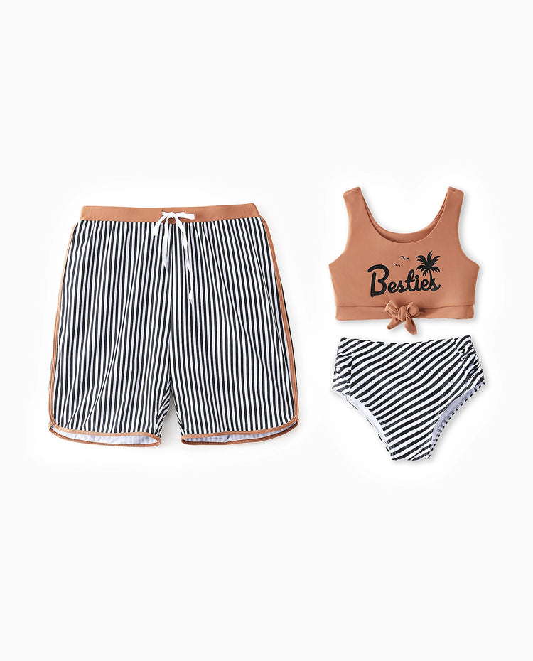Daddy & Tochter Badehose mit vertikalen Streifen und Tunnelzug oder Besties bedruckter Crop-Top-Bikini Khaki