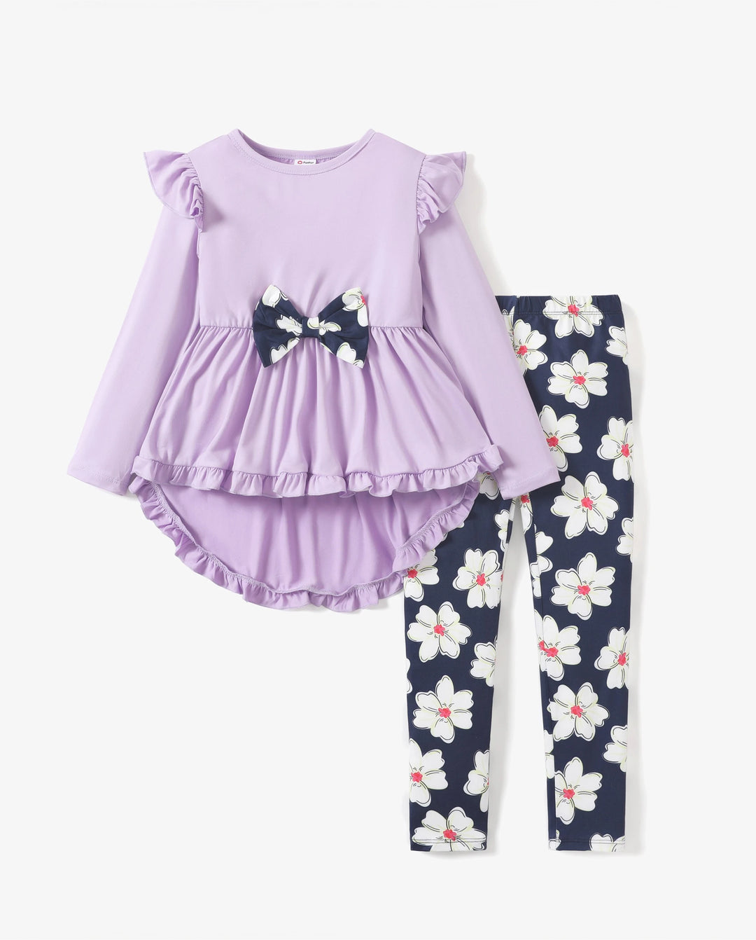Ensemble 2 pièces pour fille, t-shirt à manches longues et volants avec nœud papillon et pantalon à imprimé floral violet clair