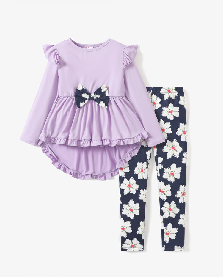 Ensemble 2 pièces pour fille, t-shirt à manches longues et volants avec nœud papillon et pantalon à imprimé floral violet clair
