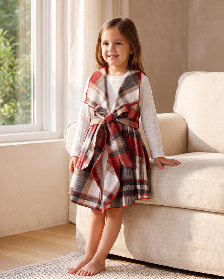 3PCS Toddler Girl Asymmetrical Hemline Classic Grid Dress Set Red
