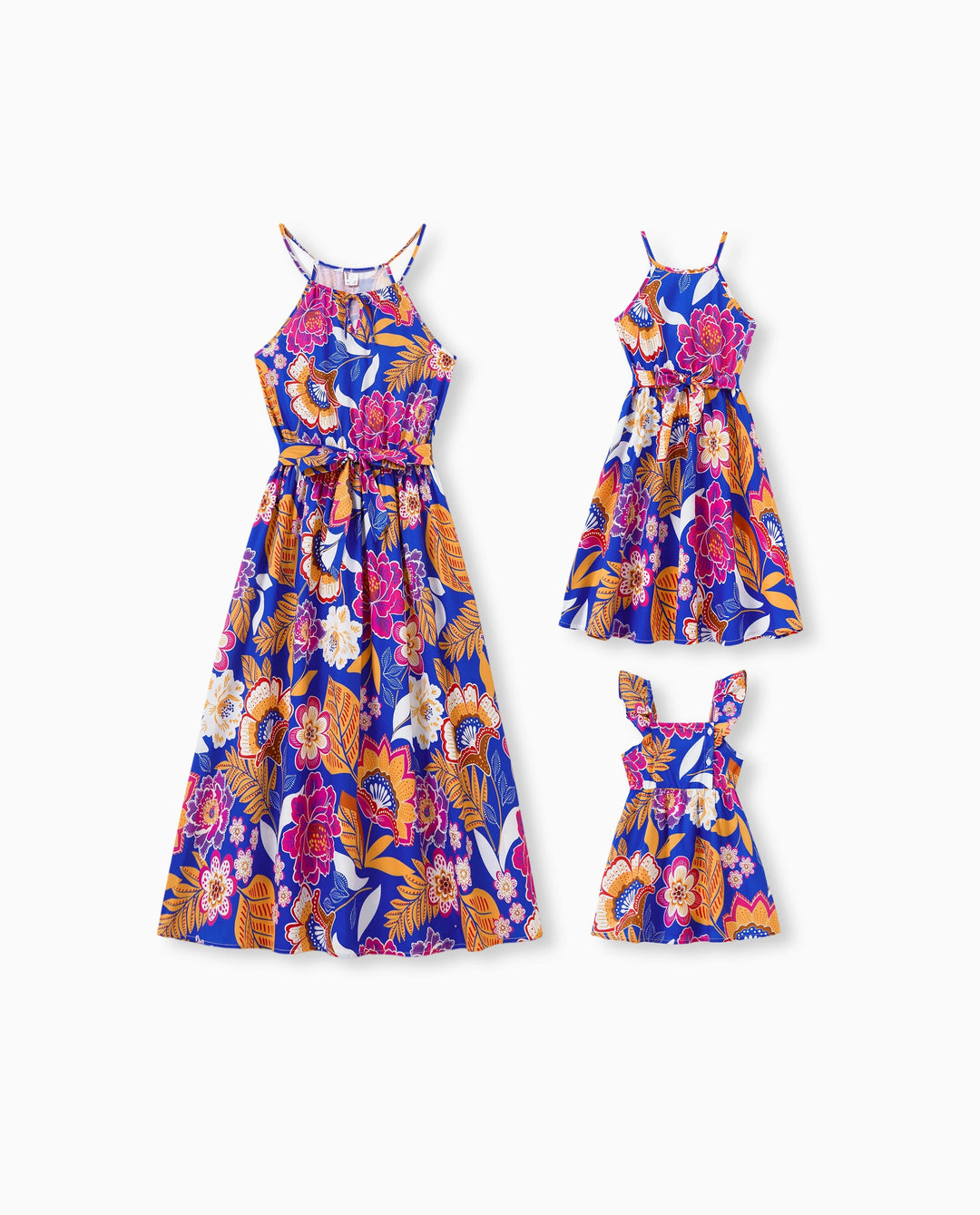 Tenues Hawaïennes Maman & Moi Robe Ceinturée à Bretelles à Imprimé Floral Tropical Marine