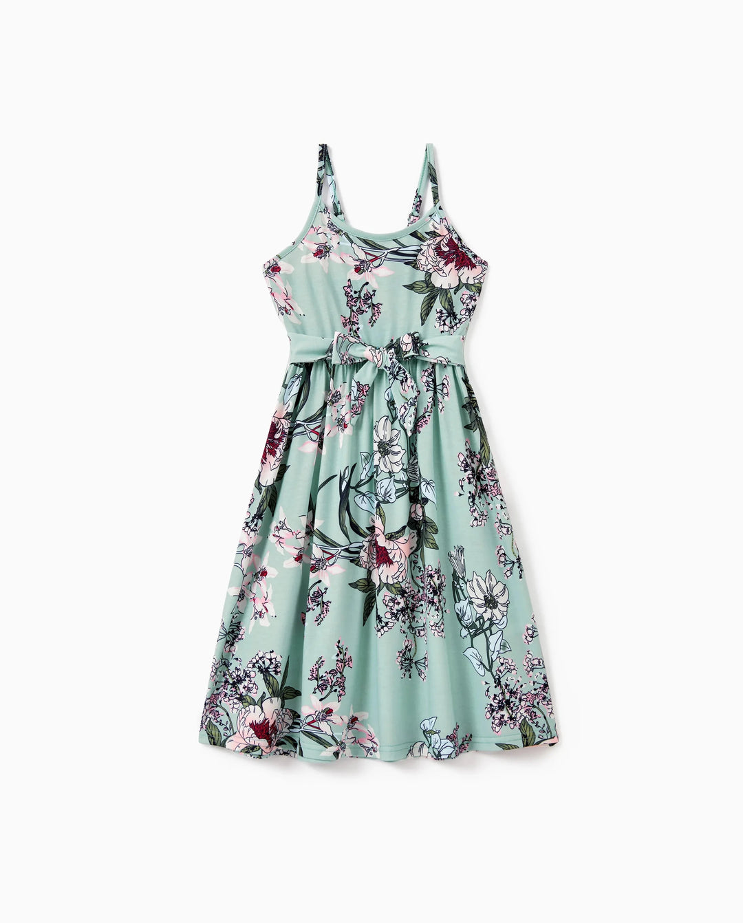 Toddler/Kid Girl Sets Flora Print Strap Belted Dress Light Green