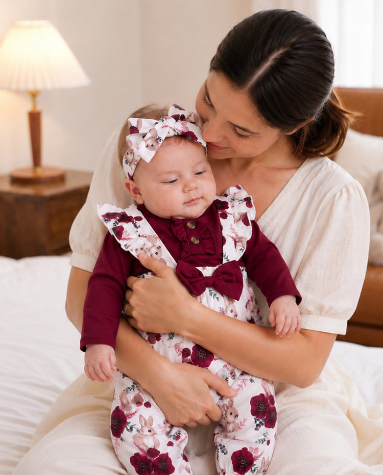 Baby Girl 3pcs Sweet Solid Romper and Floral Print Ruffled Overalls with Headband Set Burgundy