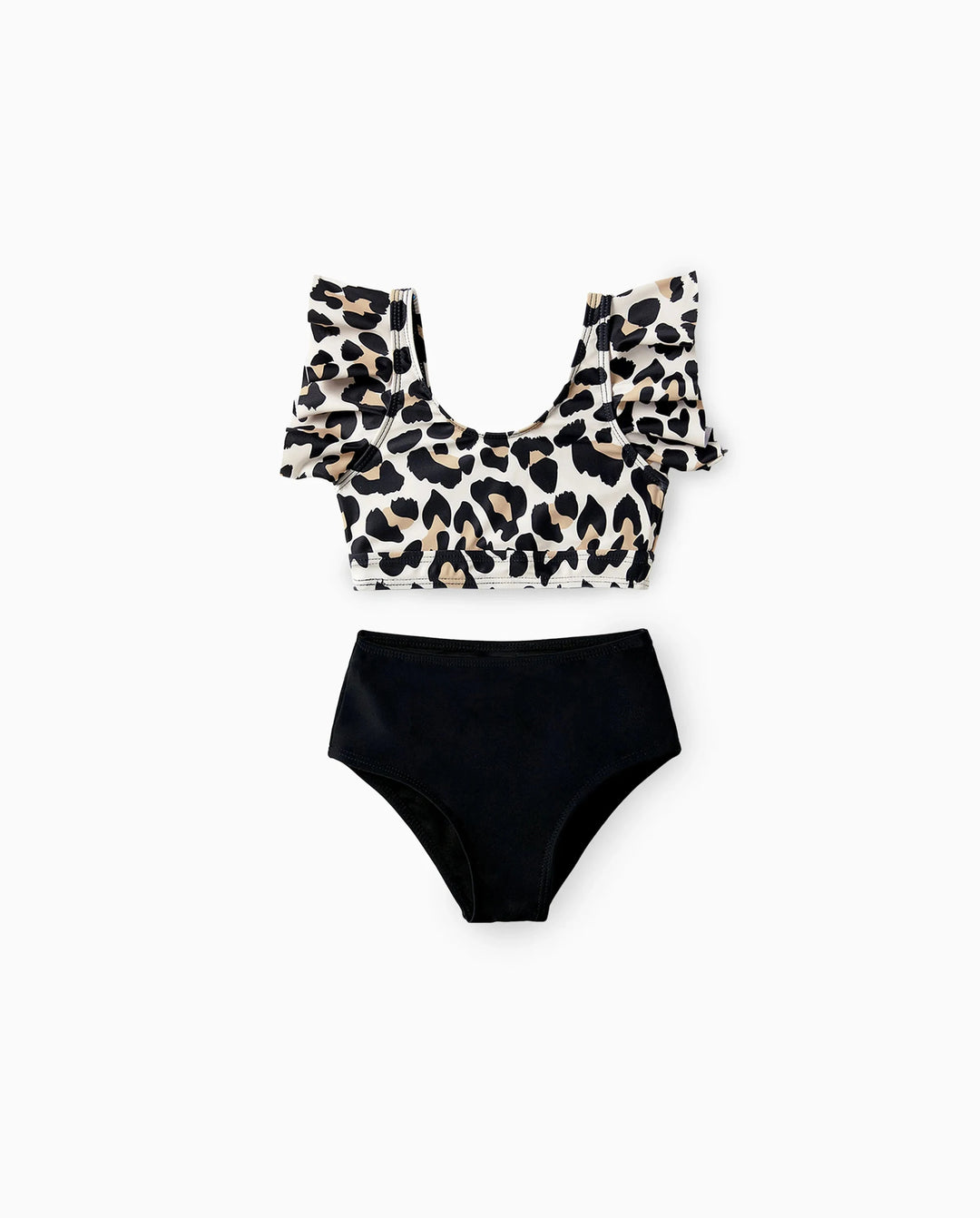 Bikini de dos piezas con falda para niña pequeña con estampado de leopardo, cuello con volantes y cordón negro