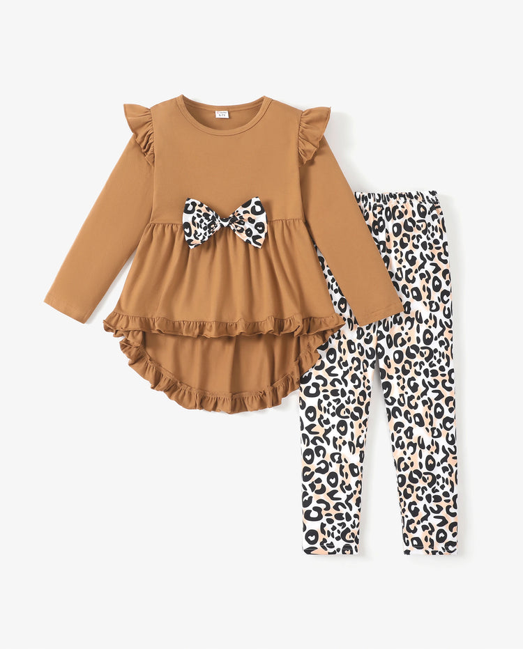 2-piece Kid Girl Bowknot Ruffled Long-sleeves Tee and Flower Allover Print Pants Brown