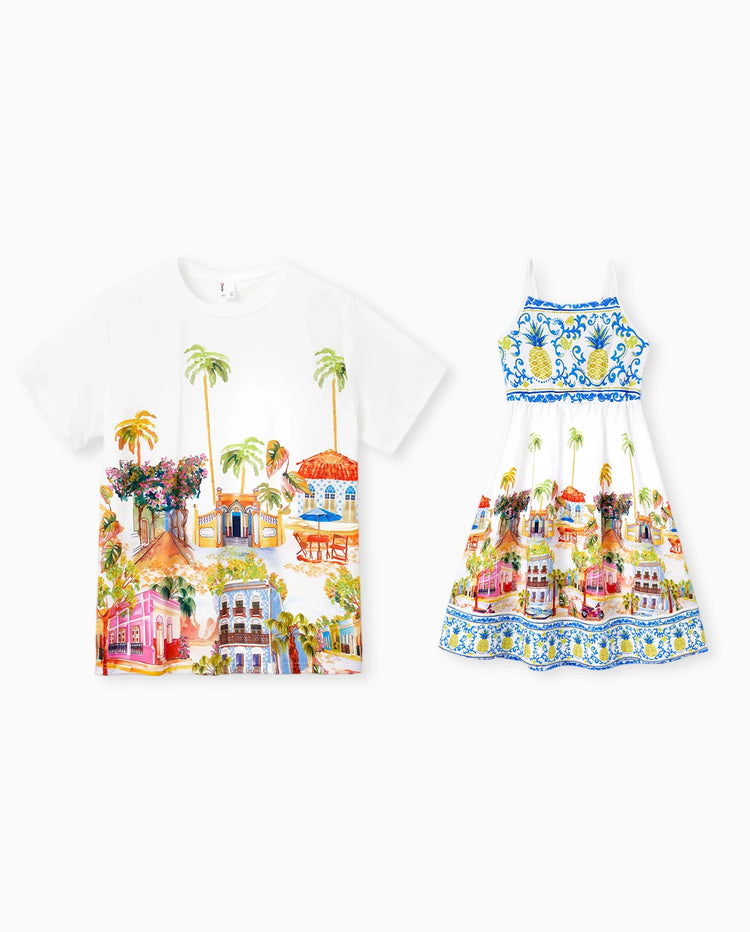 Daddy & Daughter Vacation Set Tropical Pineapple Coconut Tree Print Short-sleeve T-shirt or Hollow out Strap Dress for Summer Vacation White