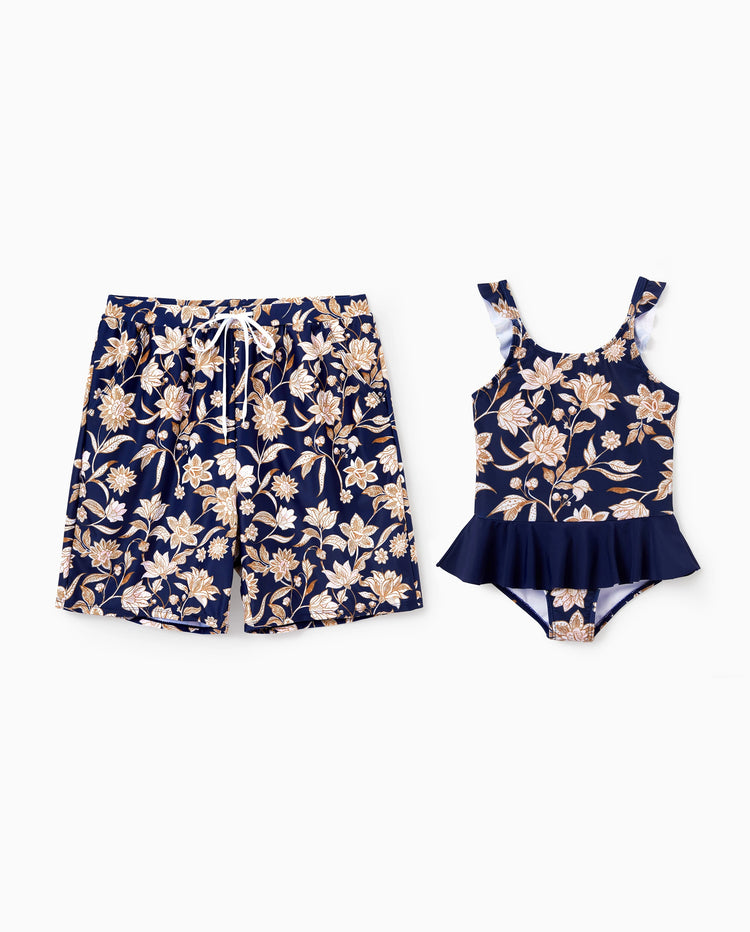 Daddy & Daughter Floral Print Swimsuits 2-in-1 One-Piece Swimsuit & Swim Trunks Deep Blue