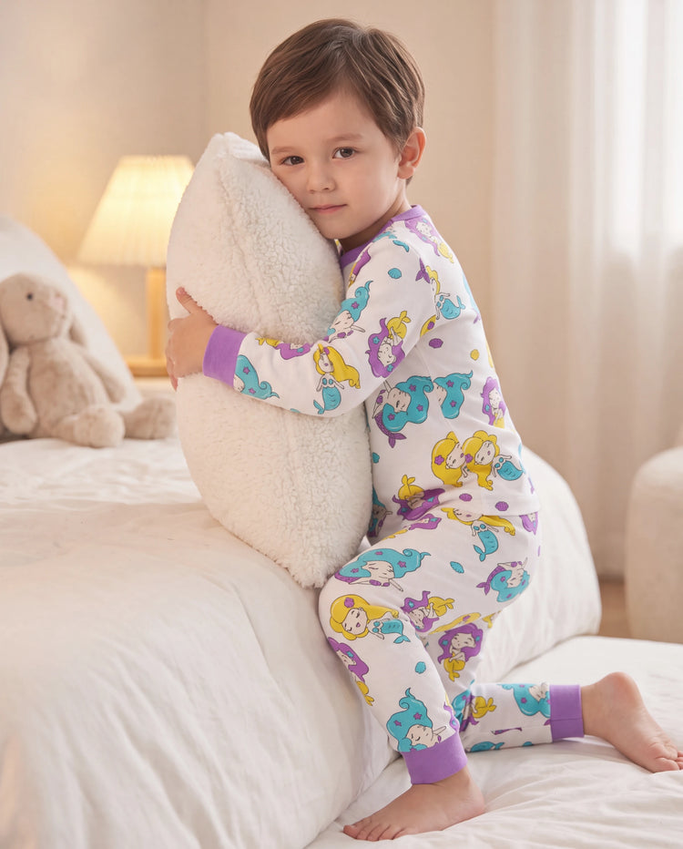 Toddler / Kids 2-piece Organic Cotton Pajamas with Childlike Print Snug fit Pjs for Girls / Boys White
