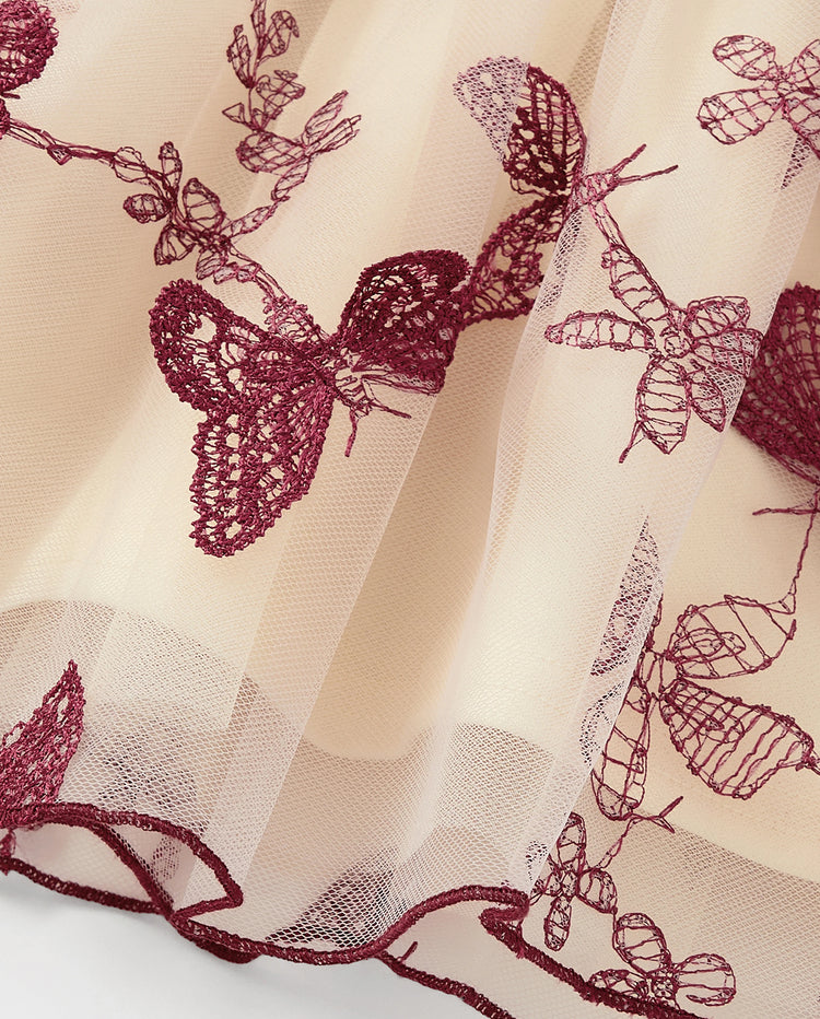 Conjuntos familiares a juego: sudadera de manga larga o vestido de tul con bordado de mariposas y hombros descubiertos color burdeos