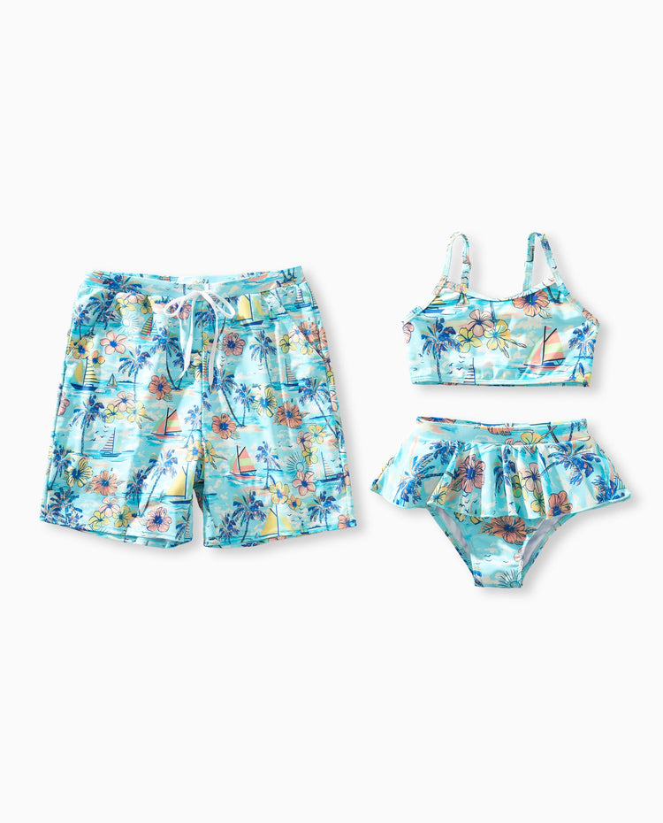 Maillots de bain Papa & Fille Imprimé tropical, Maillot deux pièces fille pour vacances d'été à la plage Bleu clair