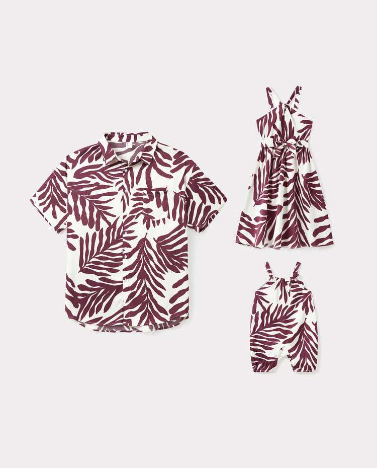 Conjuntos de Papá e Hija Camisas con Estampado de Hojas Rojas y Vestido con Cinturón de Tirantes para Hawái/Crucero/Resort/Ropa Casual Blanco