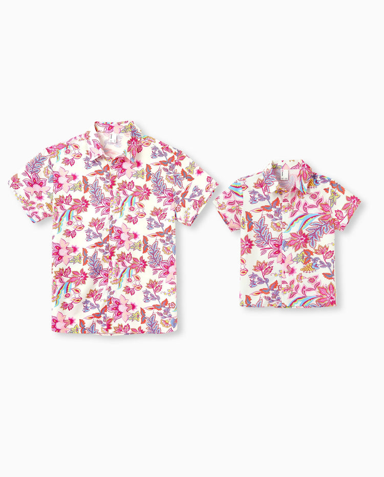 Daddy & Son Outfits Set Tropical Flora Print Short-sleeve Collar Shirt or Halter Belted Dress for Summer Vacation Beige
