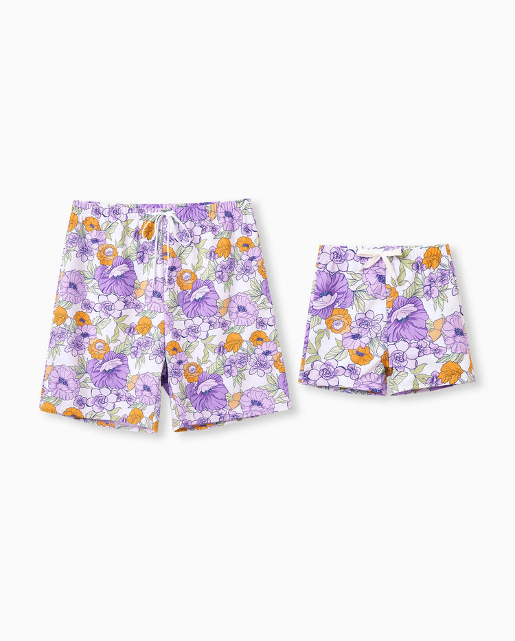 Daddy & Son Floral Print Swimsuits Ruffled One-Piece Bathing Suit & Swim Trunks Set Purple