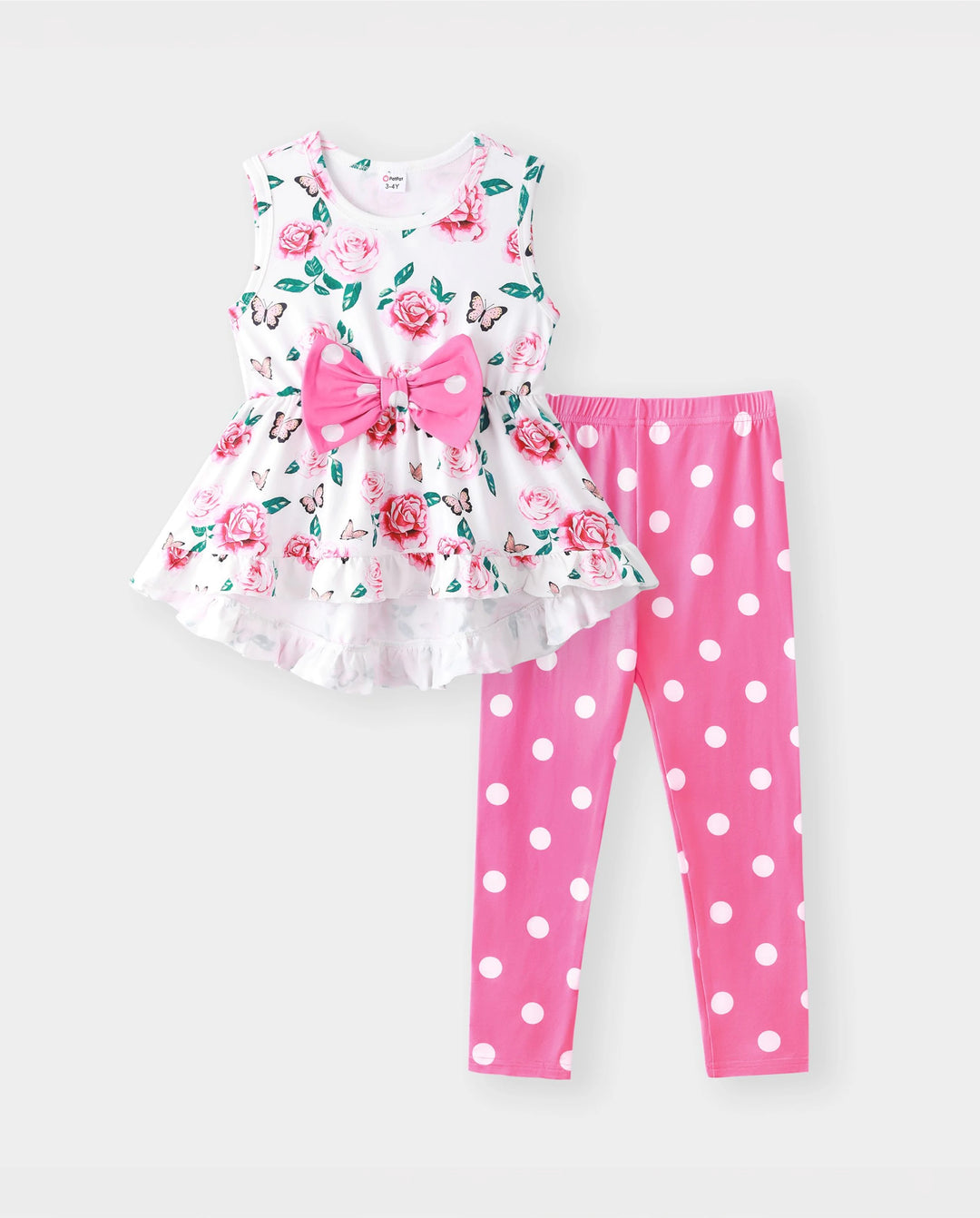 Conjunto de 2 piezas para niña pequeña con estampado floral, diseño de lazo, volantes, camiseta sin mangas de corte alto y pantalón de lunares, color rosa