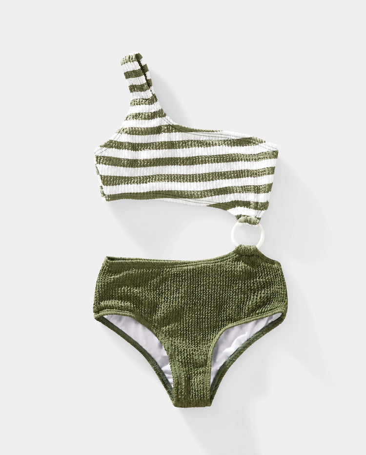 Bañador de una pieza con bloques de color y rayas, un solo hombro para niña pequeña Verde militar