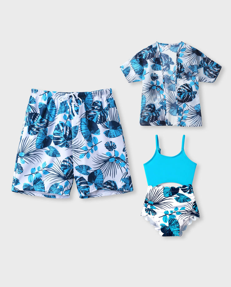 Ensembles papa et fille Maillots de bain short à cordon ou maillot une-pièce dos en dentelle découpée BLEU BLANC