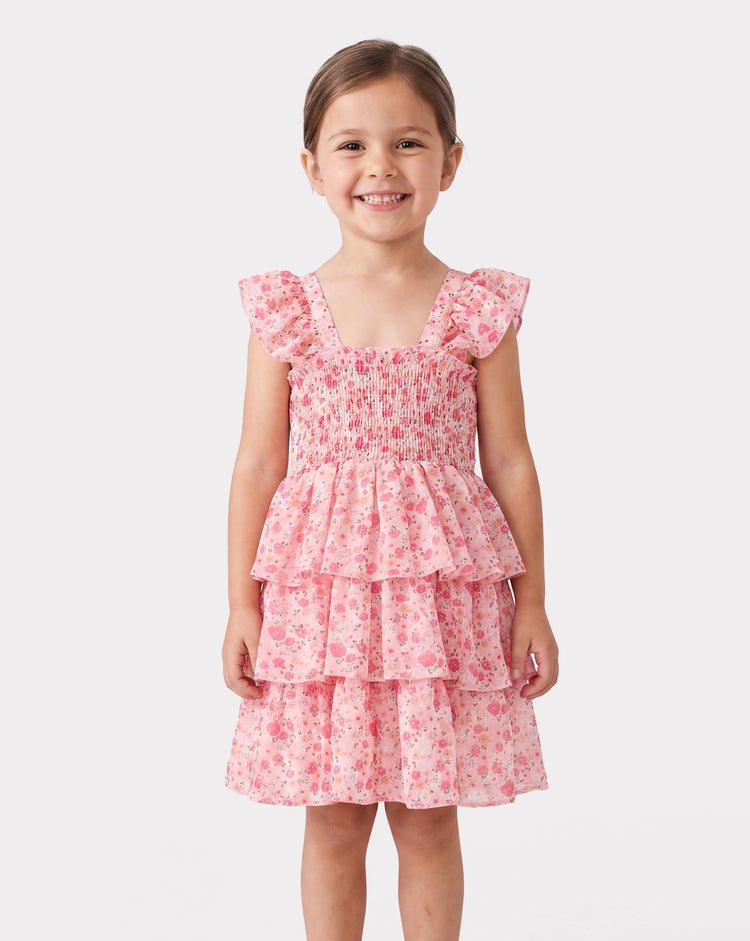 Robe à volants et smocks sans manches à imprimé floral pour petite fille, rose