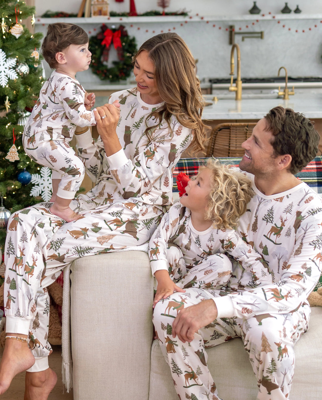 Christmas Matching Family Pajamas Woodland Print Beige
