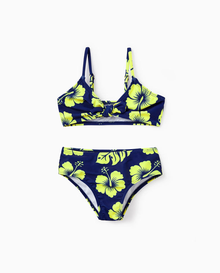 Bañadores tropicales con flores para niña pequeña Bikini halter azul profundo