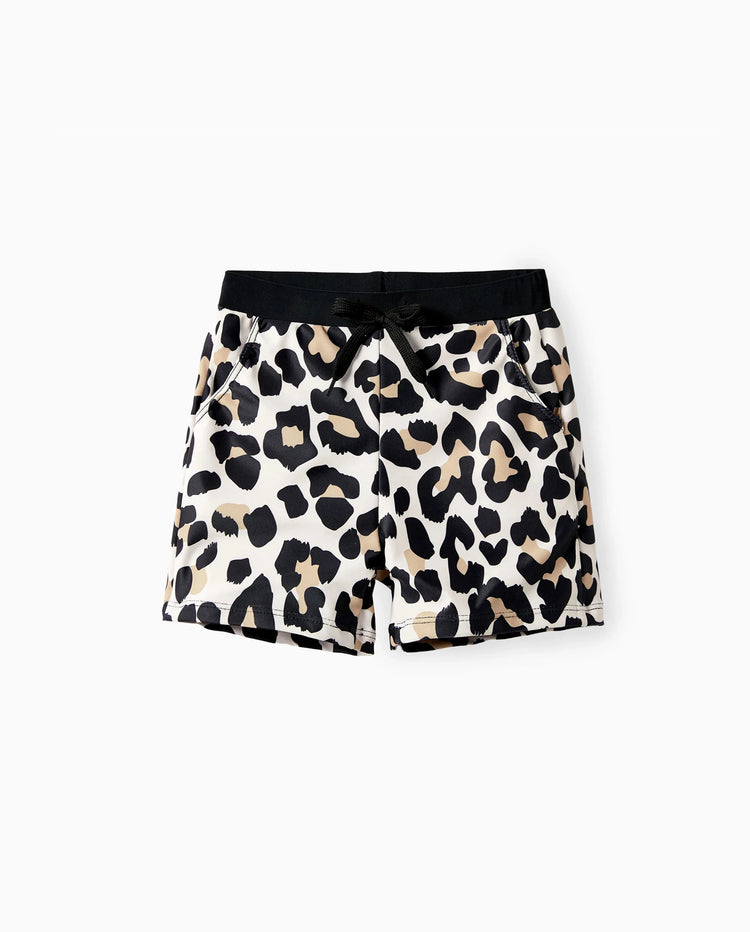 Bañador corto para niño pequeño con cordón y estampado de leopardo en negro