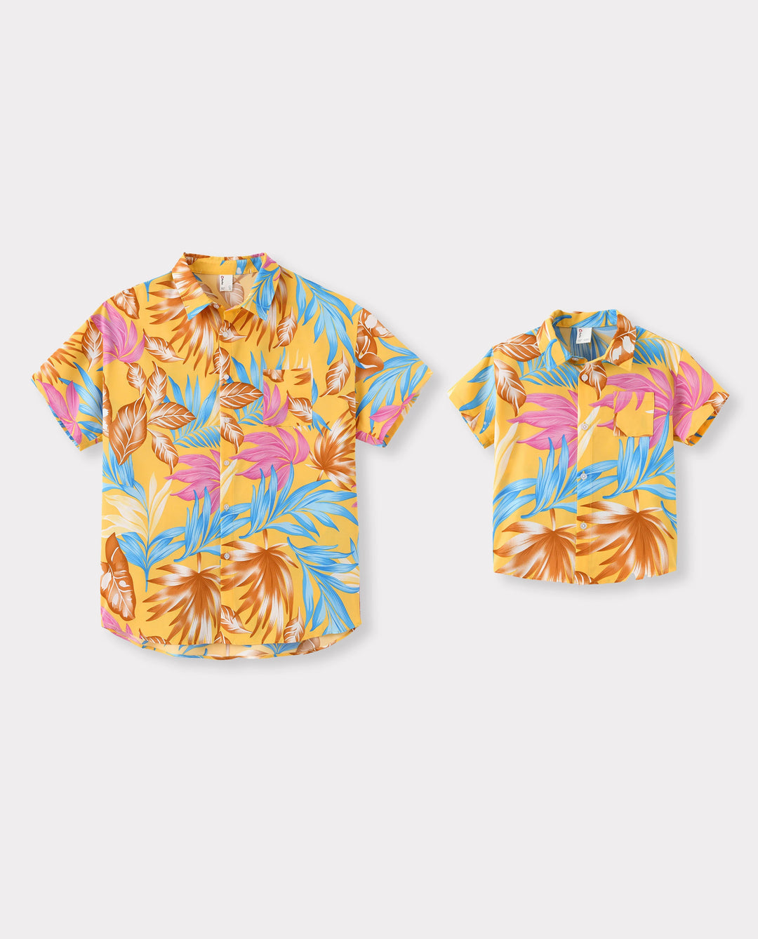 Ensemble assorti famille Papa et Moi : Ensemble jaune chemise à manches courtes ou robe à bretelles à imprimé feuilles tropicales Jaune