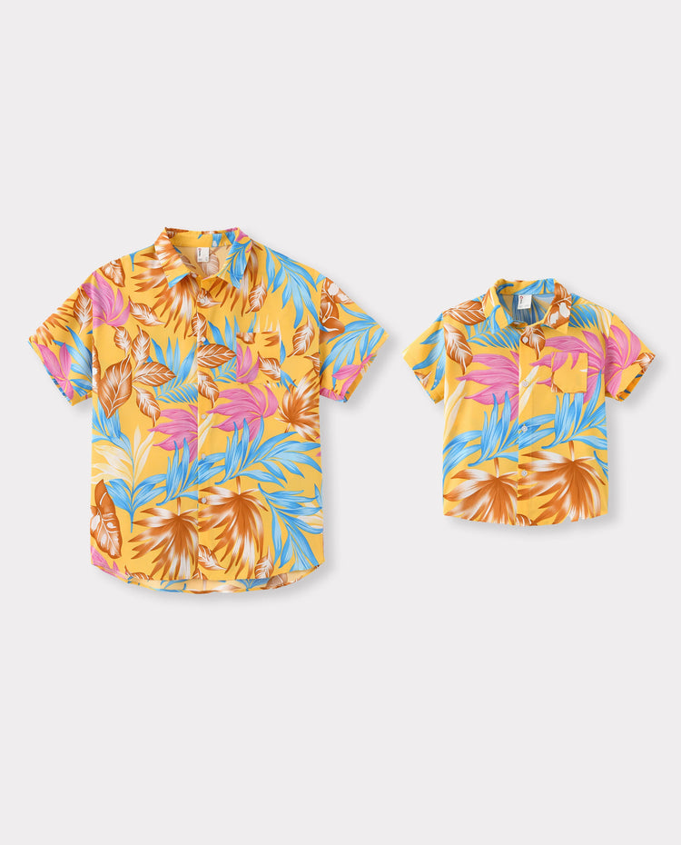 Ensemble assorti famille Papa et Moi : Ensemble jaune chemise à manches courtes ou robe à bretelles à imprimé feuilles tropicales Jaune