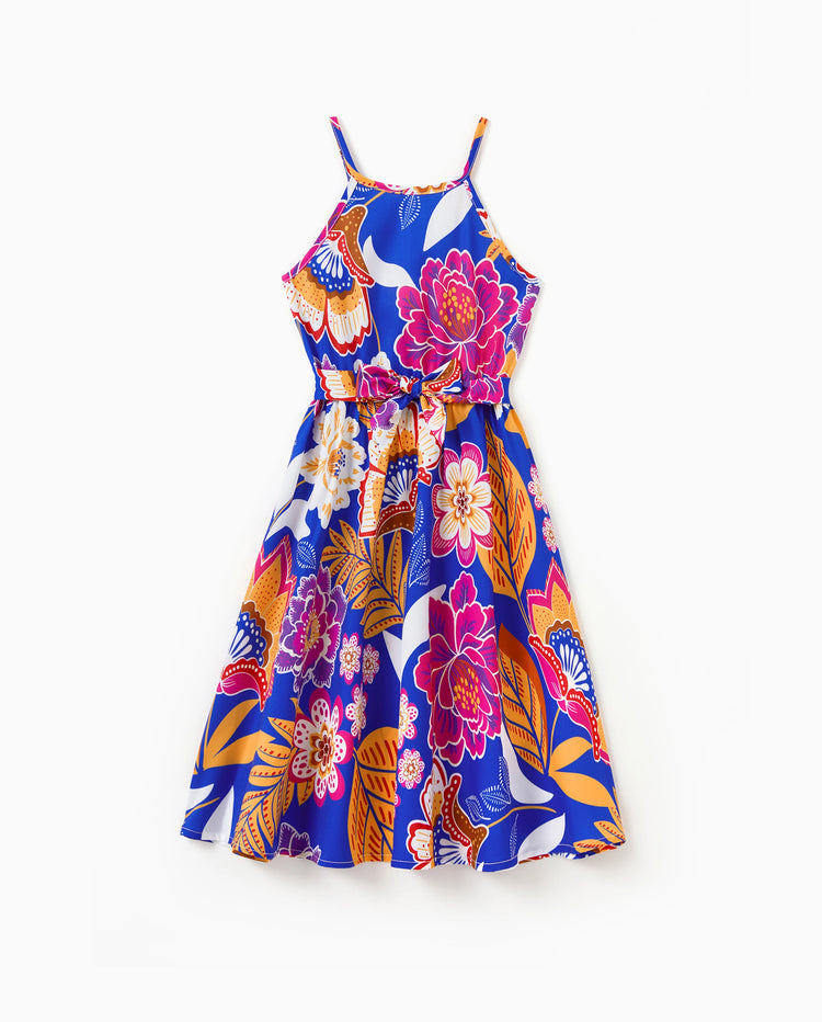 Tenues hawaïennes pour fille tout-petit/enfant, imprimé floral tropical, robe à bretelles ceinturée, ensemble vêtements de vacances d'été pour la plage, marine