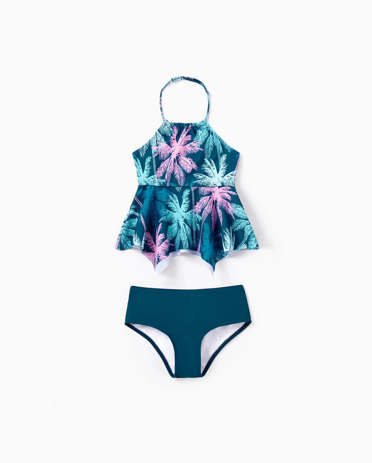 Bañador de dos piezas con volantes y estampado de palmeras tropicales para niña pequeña, ropa de baño para vacaciones en la playa Turquesa
