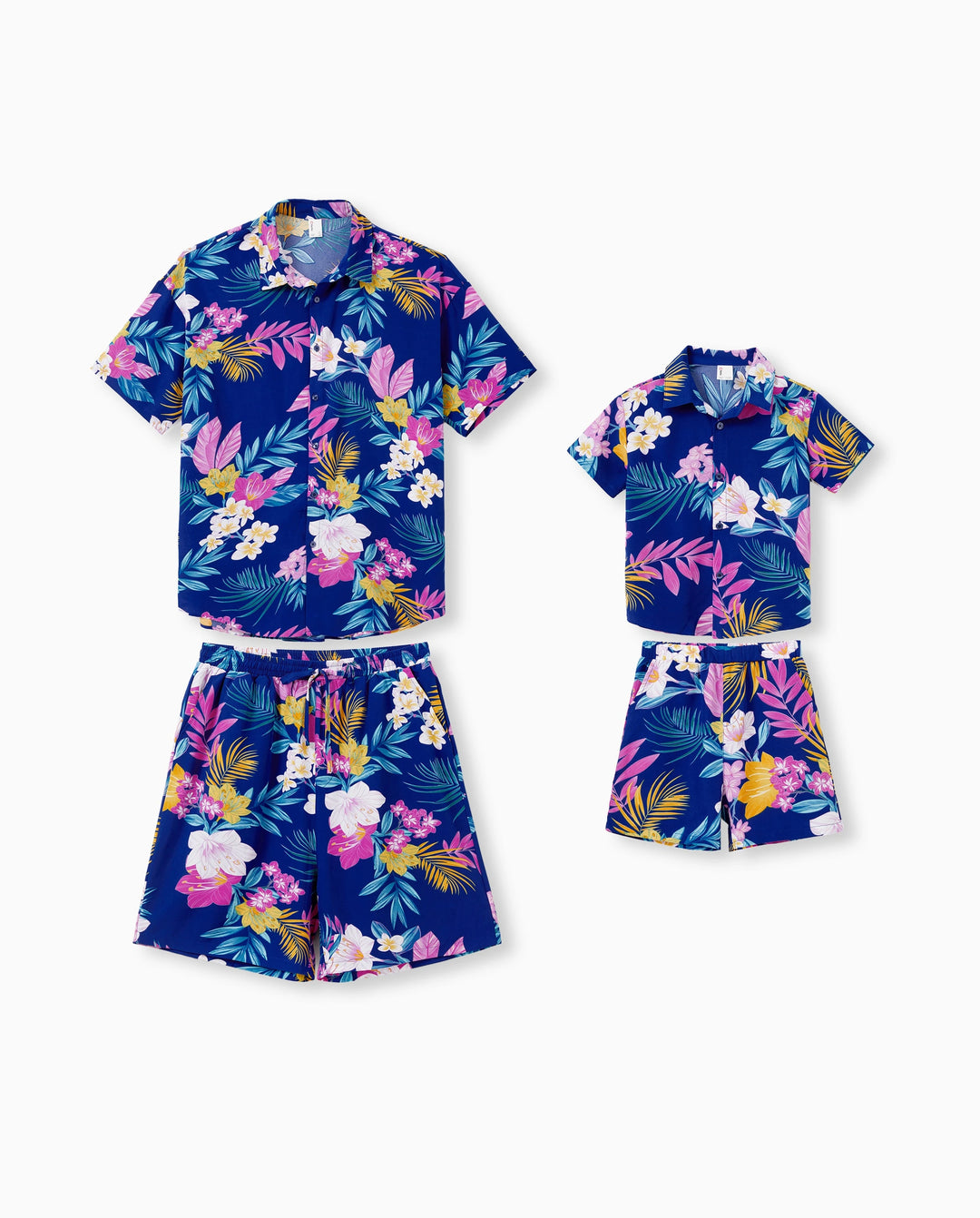 Ensemble assorti famille Papa et Moi : Tenues hawaïennes familiales robe à bretelles à imprimé floral tropical ou ensemble chemises à manches courtes et shorts Tenue d'été pour la plage Bleu foncé