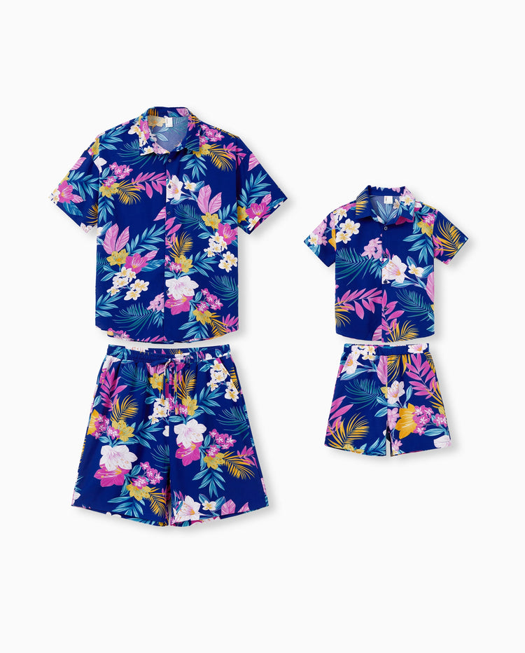 Ensemble assorti famille Papa et Moi : Tenues hawaïennes familiales robe à bretelles à imprimé floral tropical ou ensemble chemises à manches courtes et shorts Tenue d'été pour la plage Bleu foncé