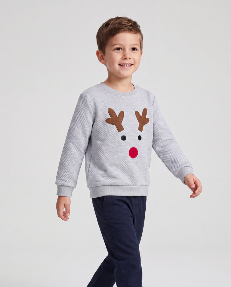 Sweat-shirt à manches longues pour toute la famille, motif renne brodé, gris