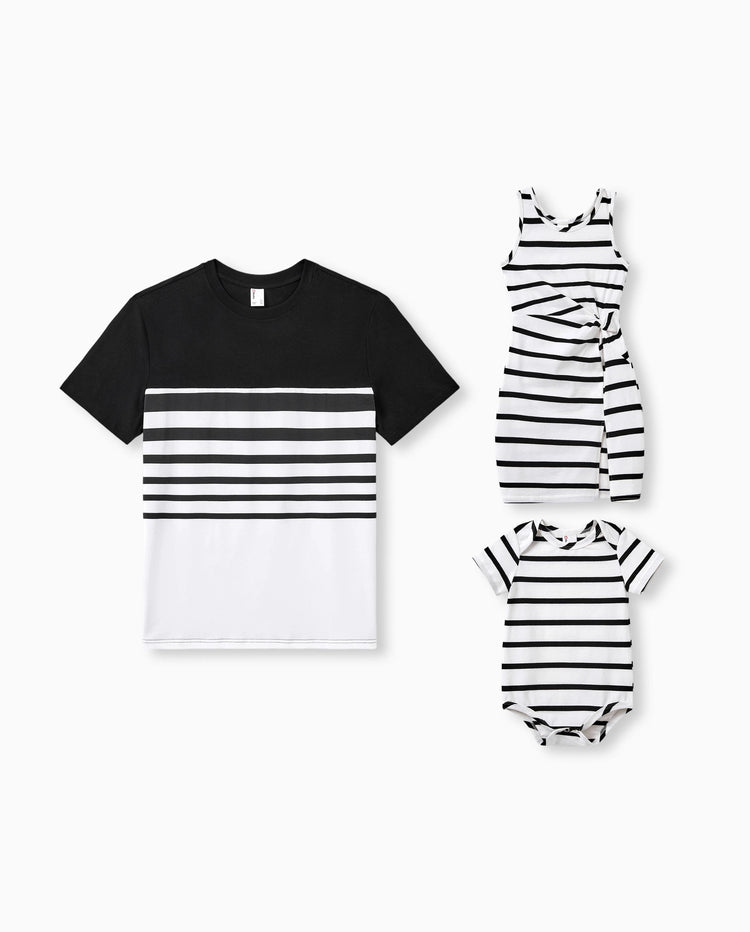 Daddy & Daughter Cotton Set Black and White Stripe T-shirt or Strap Bodycon Dress Black+White
