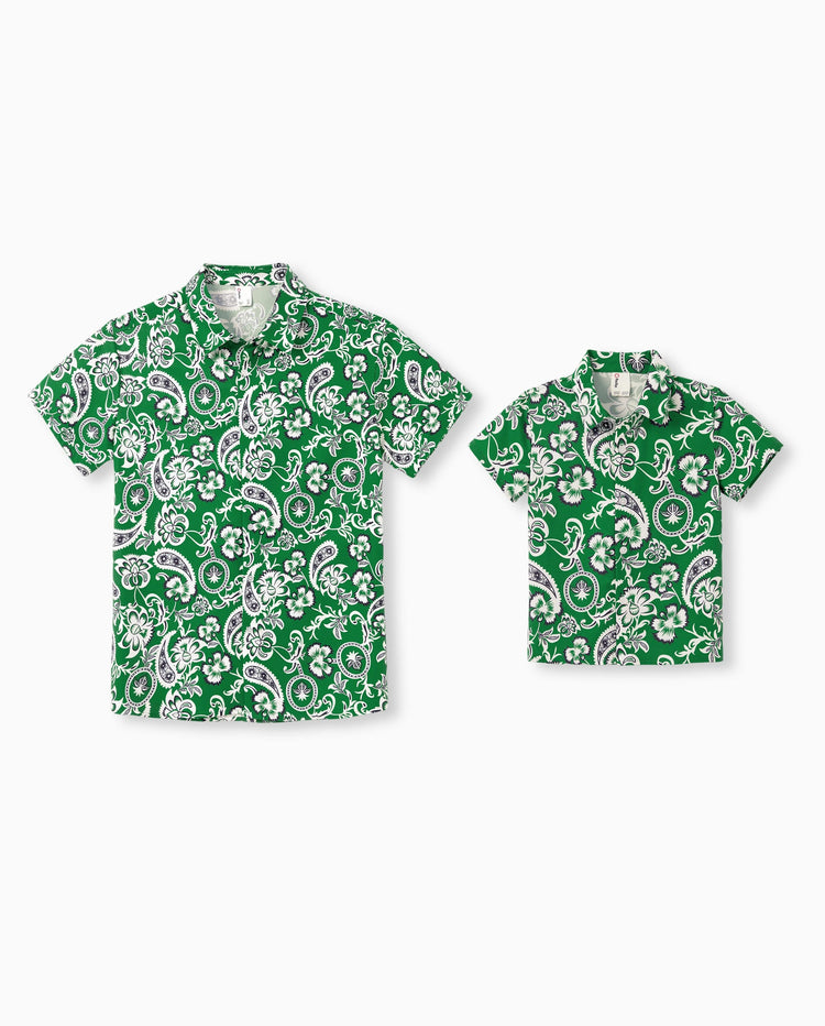 Daddy & Son Outfits Set Floral Print Short-sleeve Collar Shirt or Strappy Smocked  Dress for Summer Vacation Green