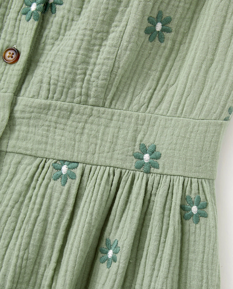 Vestidos de algodón floral para niñas pequeñas/niñas con botones, fruncido, tirantes florales y volantes con lazo, perfectos para salidas familiares y fotos de verano Verde pálido