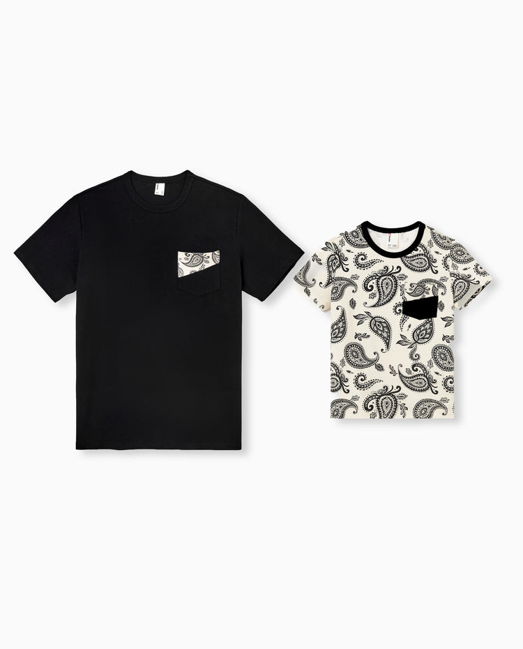 Daddy & Son Paisley Print Outfits Sleeveless Spaghetti Strap Dress & Cotton T-Shirt for Mom, Dad, & Kids Perfect for Family Outings & Photos Black