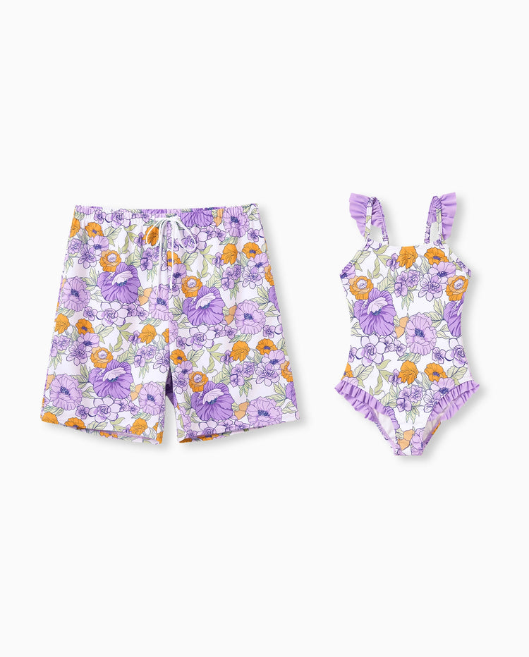 Daddy & Daughter Floral Print Swimsuits Ruffled One-Piece Bathing Suit & Swim Trunks Set Purple