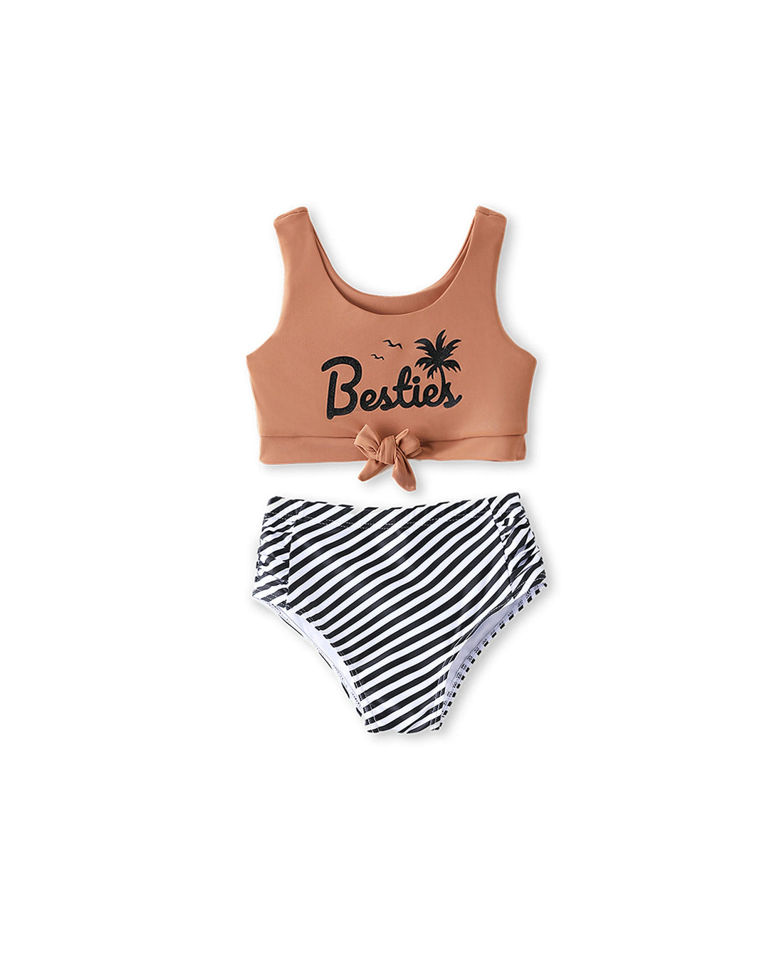Bikini crop top con tirantes y cordón para niña pequeña con rayas verticales y estampado Besties caqui