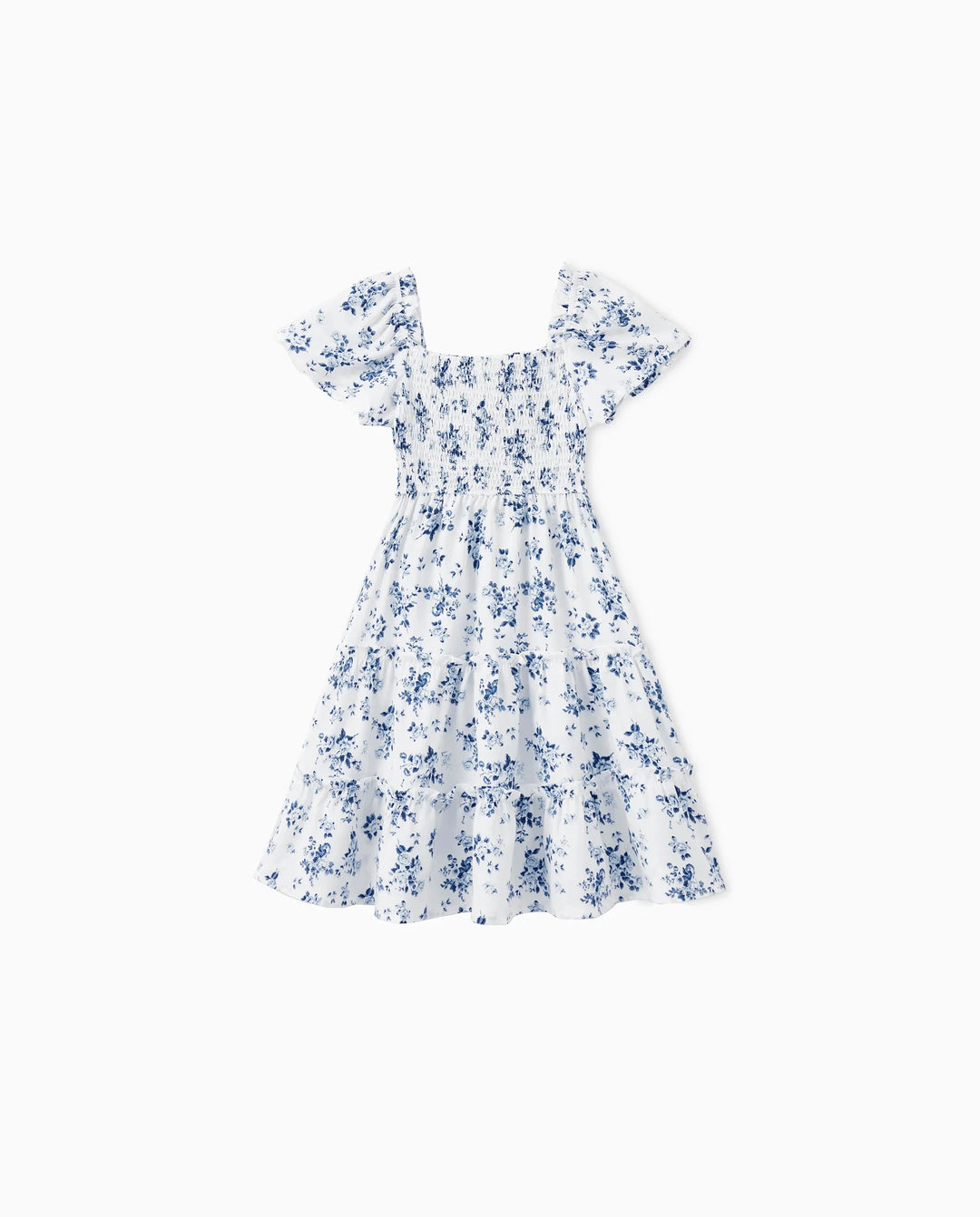 Vestido casual para niña pequeña/niña con fruncido floral azul y blanco