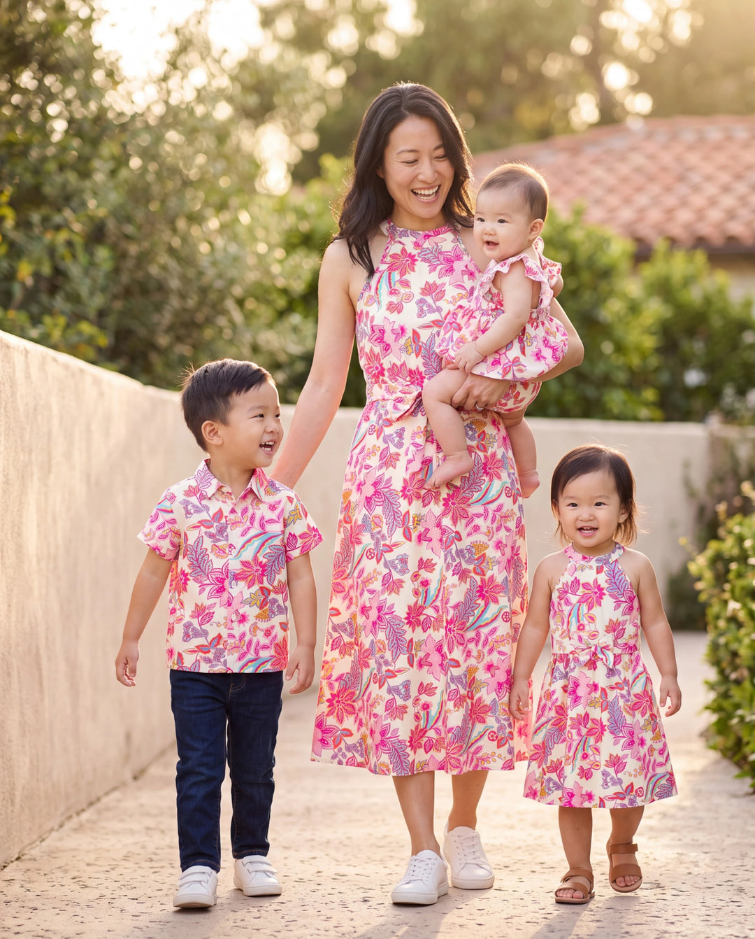 Mommy & me Outfits Set Tropical Flora Print Short-sleeve Collar Shirt or Halter Belted Dress for Summer Vacation Beige