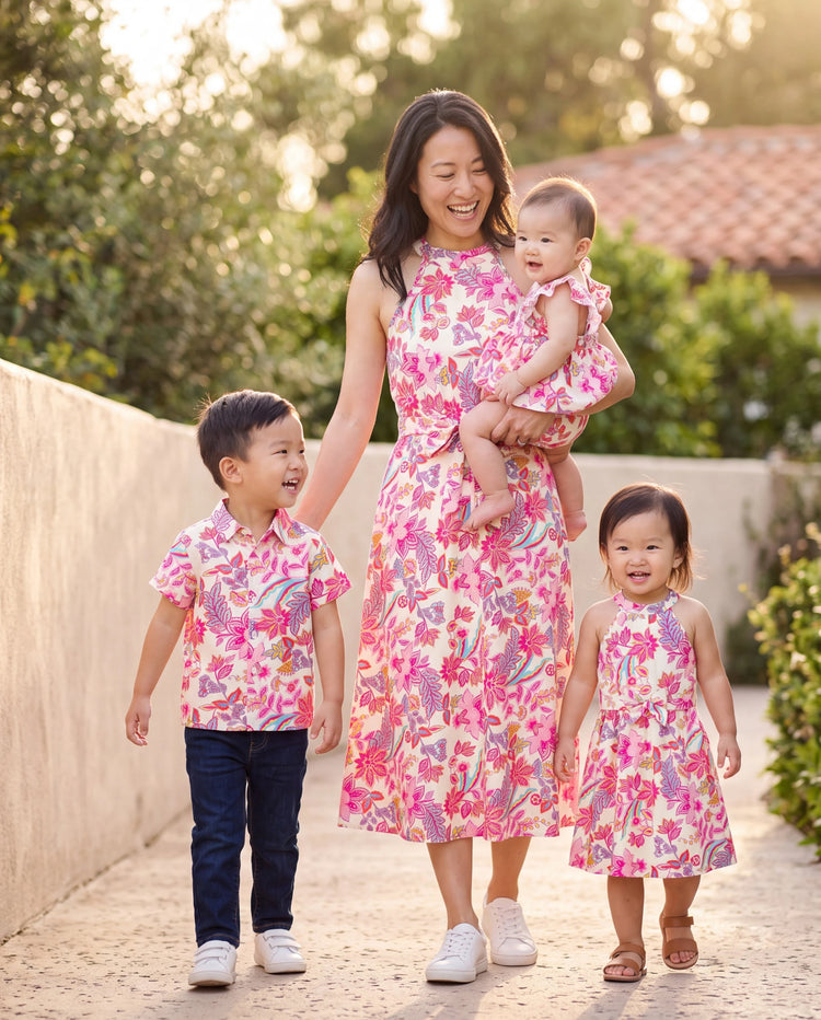 Mommy & me Outfits Set Tropical Flora Print Short-sleeve Collar Shirt or Halter Belted Dress for Summer Vacation Beige