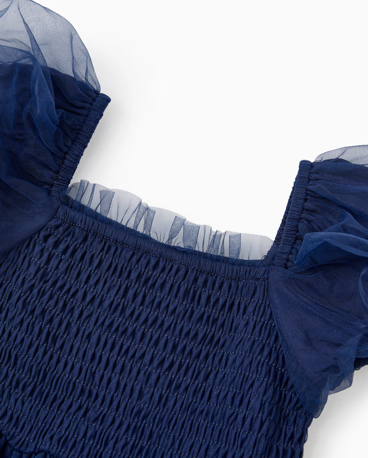 Passende Familien-Sets Kariertes langärmeliges Hemd oder elegantes gerafftes Mieder Puffärmel Tüll-Mesh-Kleid Königsblau