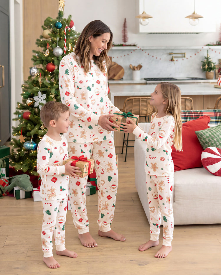 Pijamas navideños a juego para toda la familia con estampado de muñecos de jengibre y árboles de Navidad, algodón