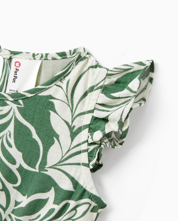 Family Matching Leaf Print Short-sleeve Shirt or Halter Dress Green Set Green