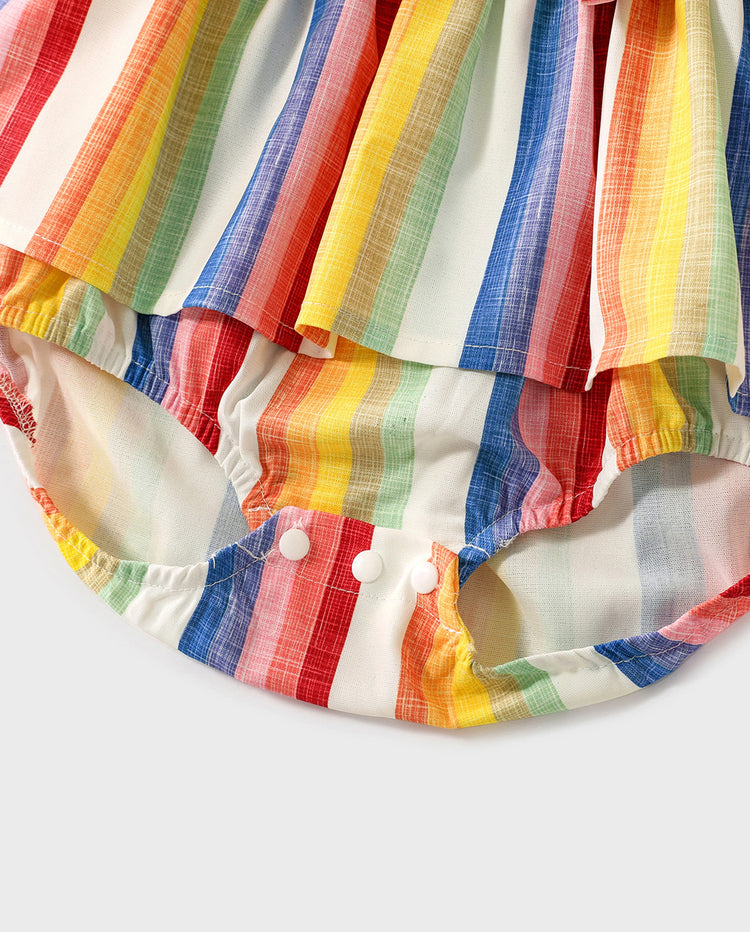 Family Matching Colorful Striped V Neck Flutter-sleeve Dresses and Short-sleeve T-shirts Sets COLOREDSTRIPES