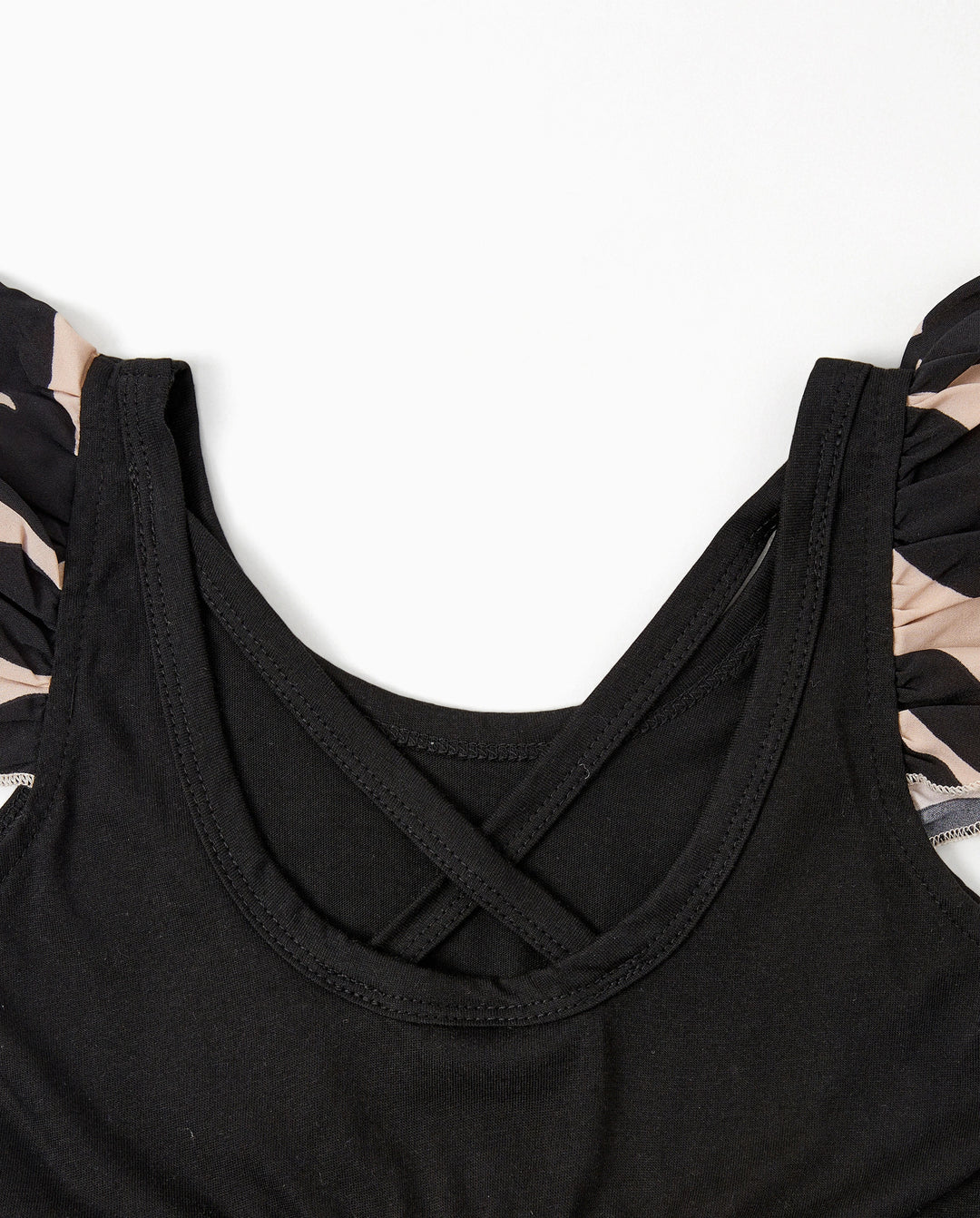 Family Matching Cross Back Floral Strap Dress and Colorblock Top Sets Black
